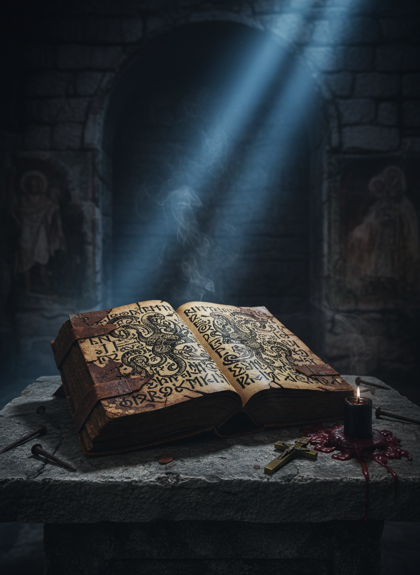 A thick, weathered leather-bound book lies open on a rough stone altar, its yellowed pages filled with intricate, unreadable glyphs that seem to twist into Lovecraftian shapes. Around it, scattered rusted iron nails, a tarnished brass crucifix, and a single black candle burned nearly to the base with wax pooled like dried blood. The room is a shadowy crypt with cracked walls and faint traces of forgotten murals. A cold, bluish shaft of light falls from an unseen opening above, cutting through swirling dust and smoke, leaving the background in deep darkness. Photographic realism, shot at eye level with a shallow depth of field that keeps the book razor sharp, evoking a mood of sacred dread and spiritual warfare.