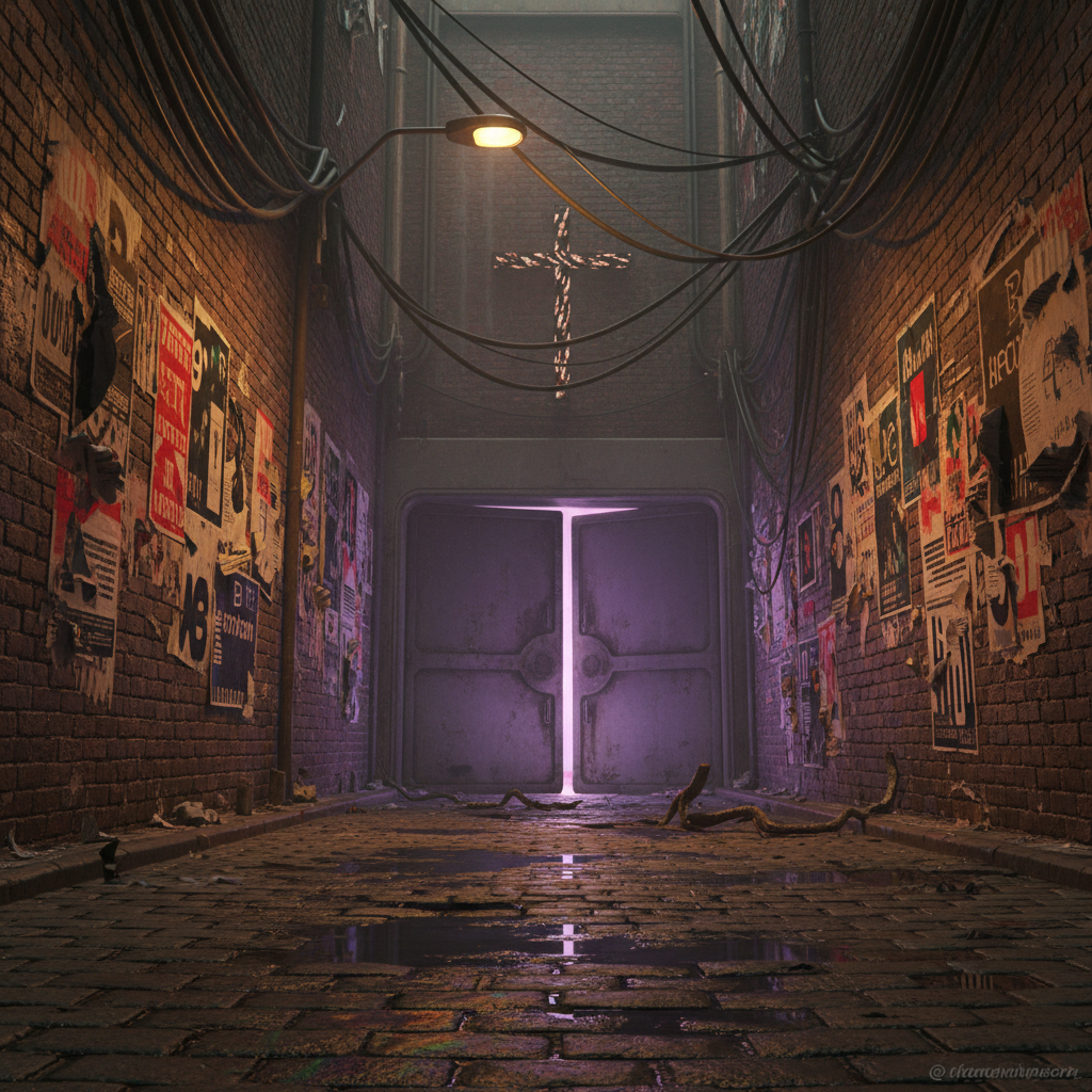 A narrow alley in a dystopian city glistens with oily puddles, its walls plastered with torn, overlapping posters bearing abstract symbols and glitch-like patterns in red, black, and white. Overhead, tangled cables droop between leaning buildings, some wrapped around a rusted iron cross bolted high on a brick wall, faintly illuminated by a malfunctioning sodium-vapor streetlamp. At the alley’s dead end, an ominous steel door is slightly ajar, leaking a soft, unsettling violet glow that reveals strange, worm-like shadows on the wet cobblestones. Photographic realism with a cinematic, eye-level composition, deep perspective leading the viewer toward the door. The lighting is gritty and urban, with high contrast between amber streetlight and eerie violet, evoking a mood of urban spiritual dread and political cyberpunk decay.