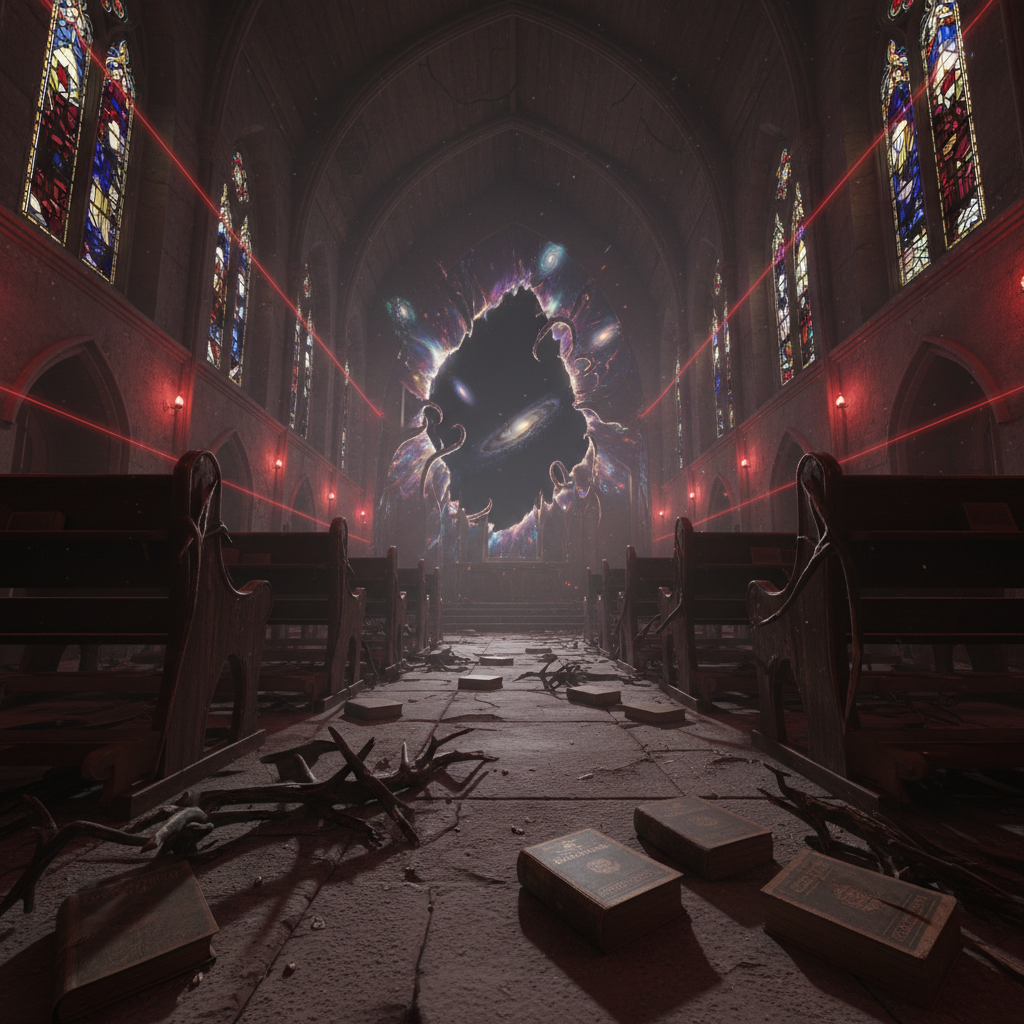 A desolate church nave stretches into shadow, wooden pews splintered and overturned, hymnals scattered like fallen leaves on a dust-choked stone floor. At the far end, where the pulpit once stood, a jagged black void gapes open, its swirling interior faintly shimmering with hints of distant galaxies and tentacled silhouettes. Faint crimson emergency lights line the side walls, casting long, unsettling shadows across cracked stained-glass panels that now show only fragmented, abstract colors. Photographic realism with low-angle perspective from the aisle, deep depth of field drawing the eye toward the cosmic chasm. The lighting is sparse and directional, creating an atmosphere of apocalyptic worship and cosmic horror, as if liturgy has been replaced by dread.